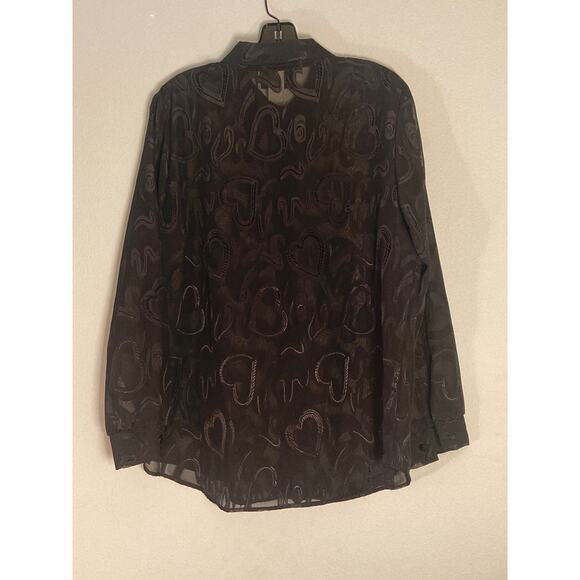 Vintage Heart Print Expose Sheer Blouse 90s Y2K Black Squiggle ~ Sz M - Picture 6 of 11